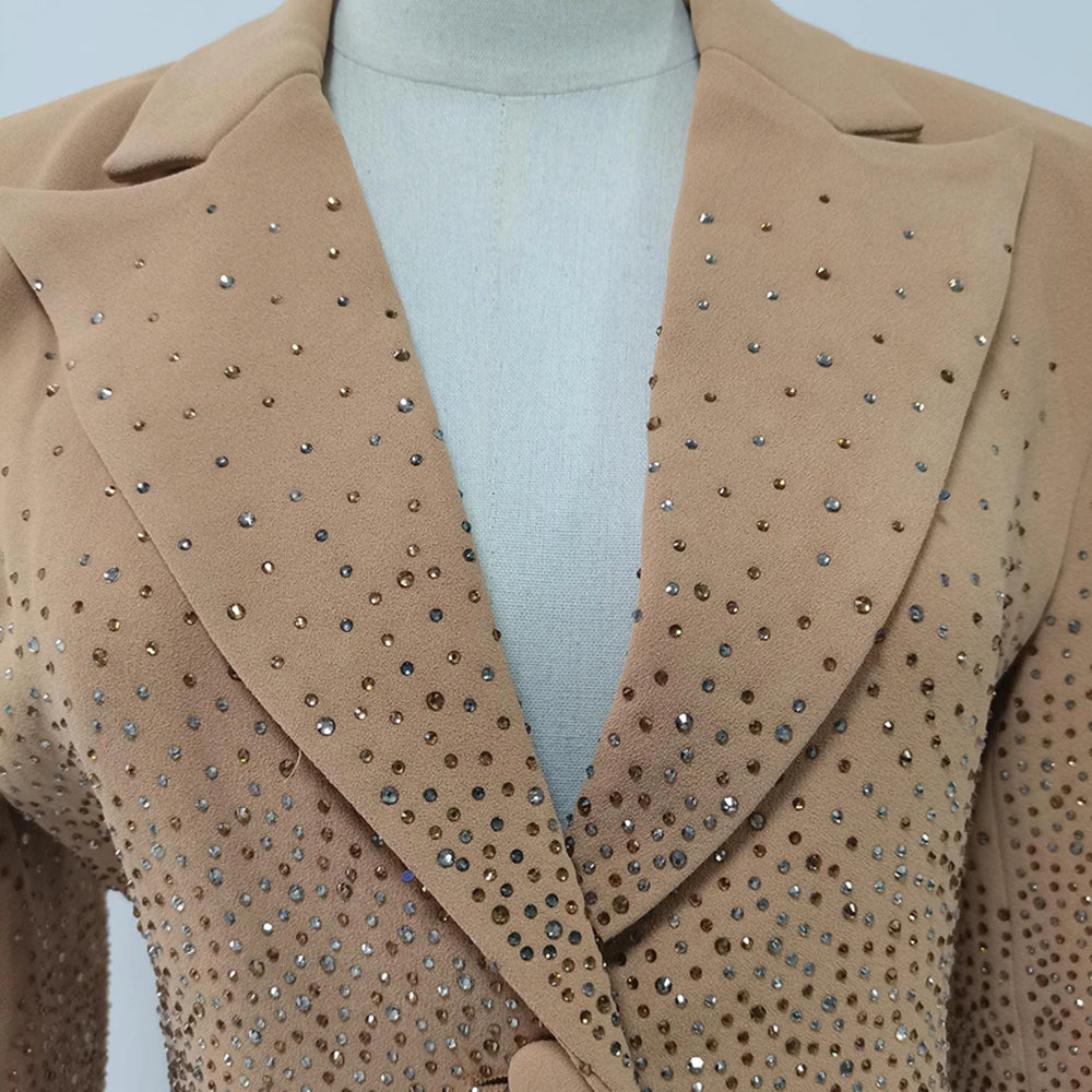 TWOTWINSTYLE Temperament Spliced Diamonds Jackets For Women Lapel Long Sleeve Designer Blazer Female Fashion Style New KJA534367