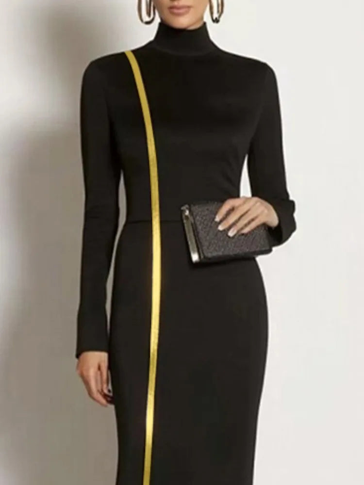 UOOZEE Women's Gold Webbing High Neck Bodycon Black Dress 2025 New Autumn Long Sleeves Slim Fit Elegant Evening Maxi Dresses