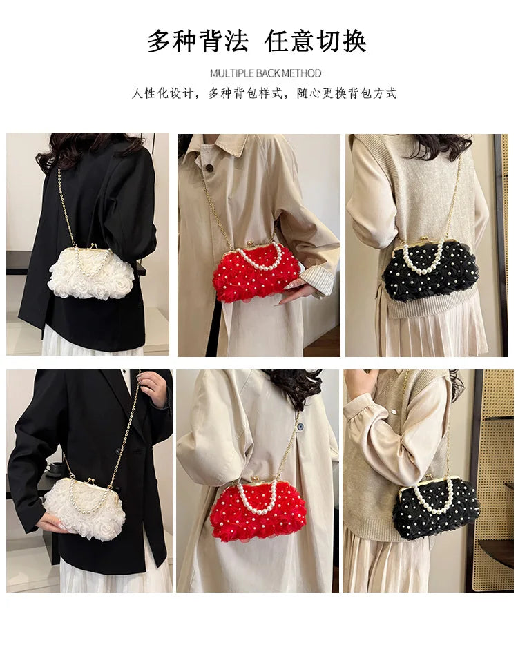 Pearl Floral Chain Evening Crossbody Bag