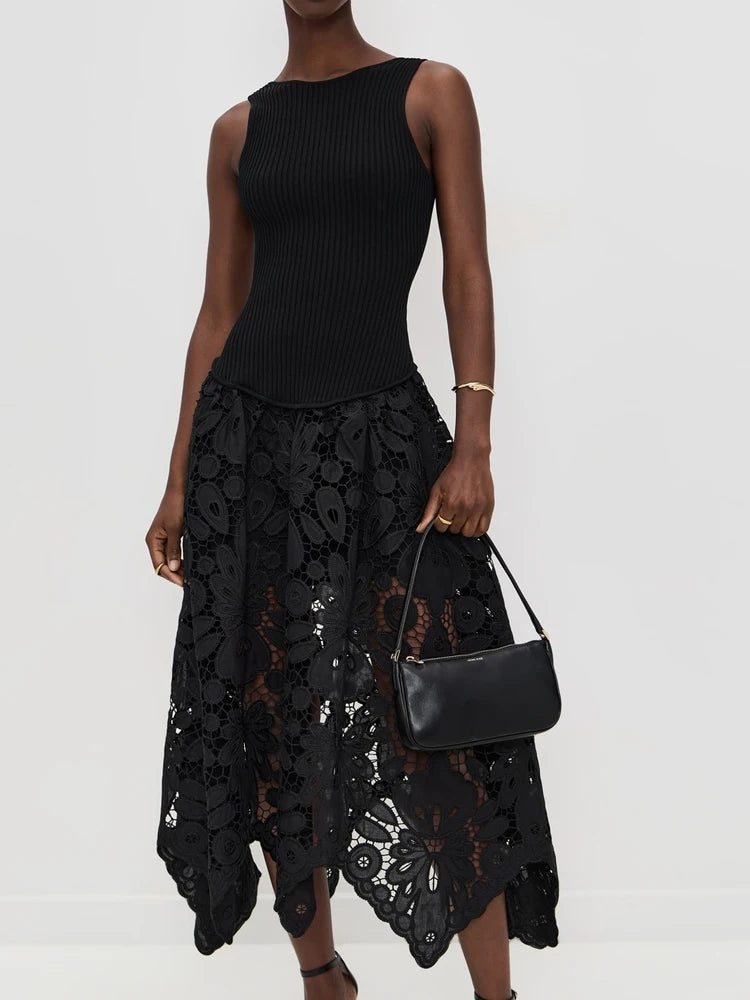 Black Patchwork O-Neck Sleeveless Party Dress for Women