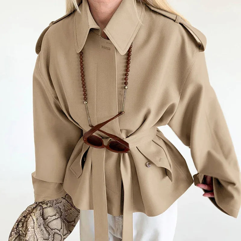 Elegant Belted Vintage Style With Stand Collar Coat for Women