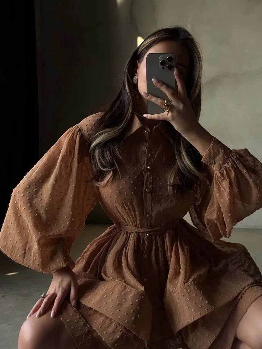 Oymimi Elegant Red Lapel Dresses 2025 Woman Casual Long Sleeve Single Breasted Dresses Fashion High Waisted Ruffled Mini Dress