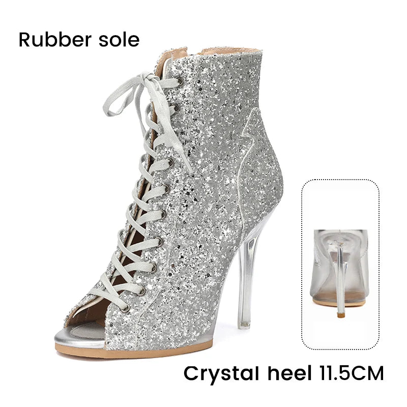 Lace-Up Crystal Heel Ballroom Dance Boots for Women