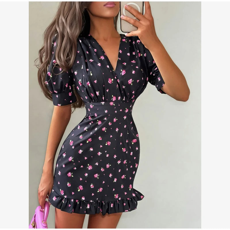 Floral Printed Lace Up Puff Sleeve Mini Dress for Women