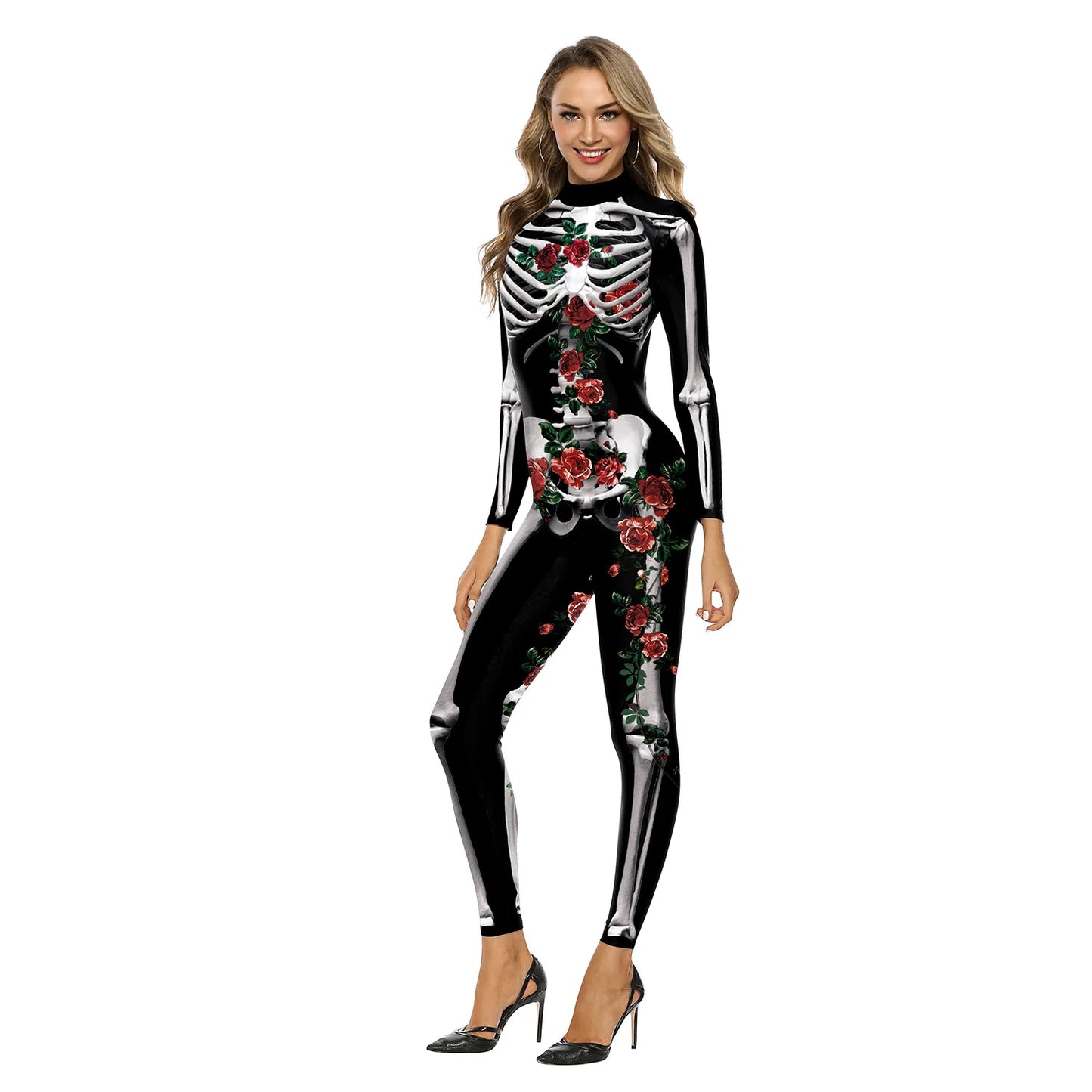 Cosplay Rose Skeleton Print Halloween Jumpsuit for Women