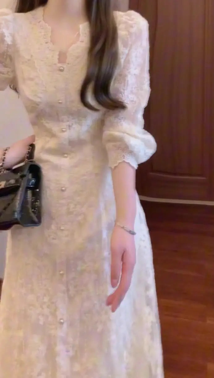 Elegant Lace Embroidered A-Line Dress with Long Sleeve for Women