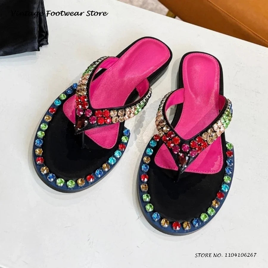 Colorful Crystal Embellished Flat Flip Flops for Women