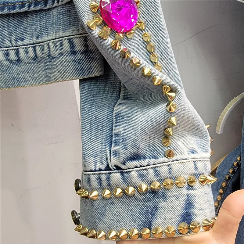 Elegant Rhinestone Beaded Lapel Denim Jacket for Women