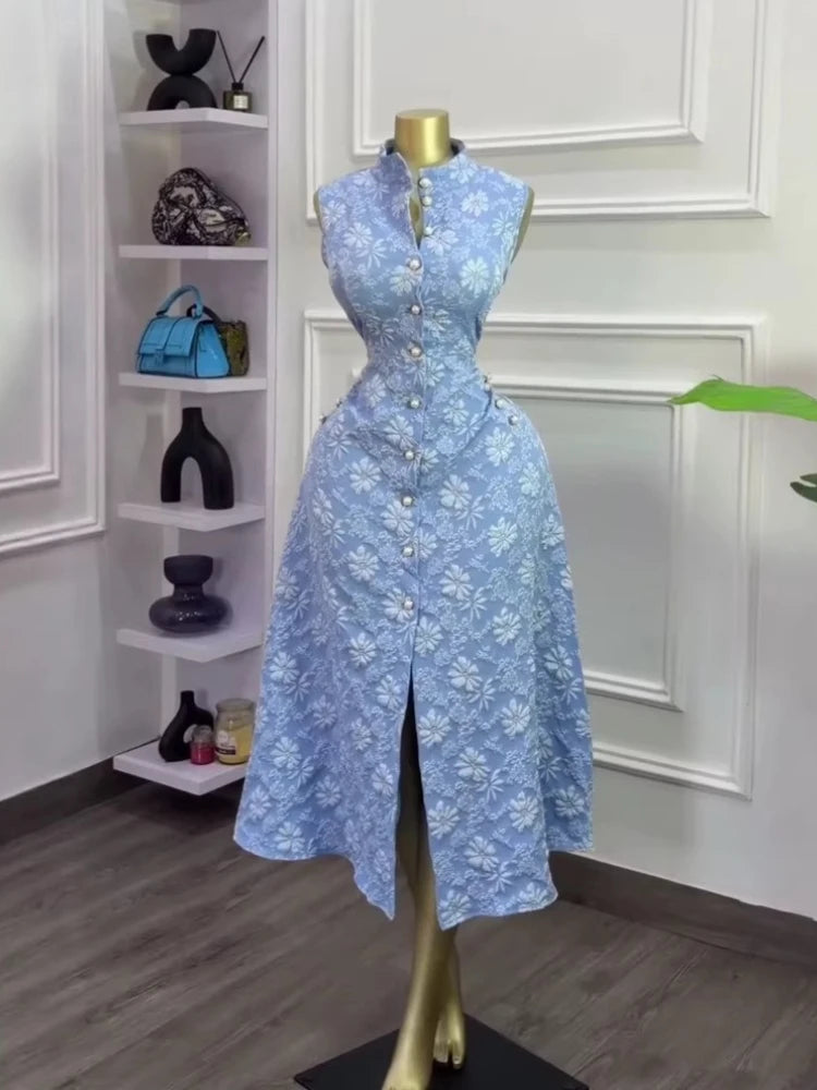 Elegant Sleeveless Stand Collar Midi Dress for Women