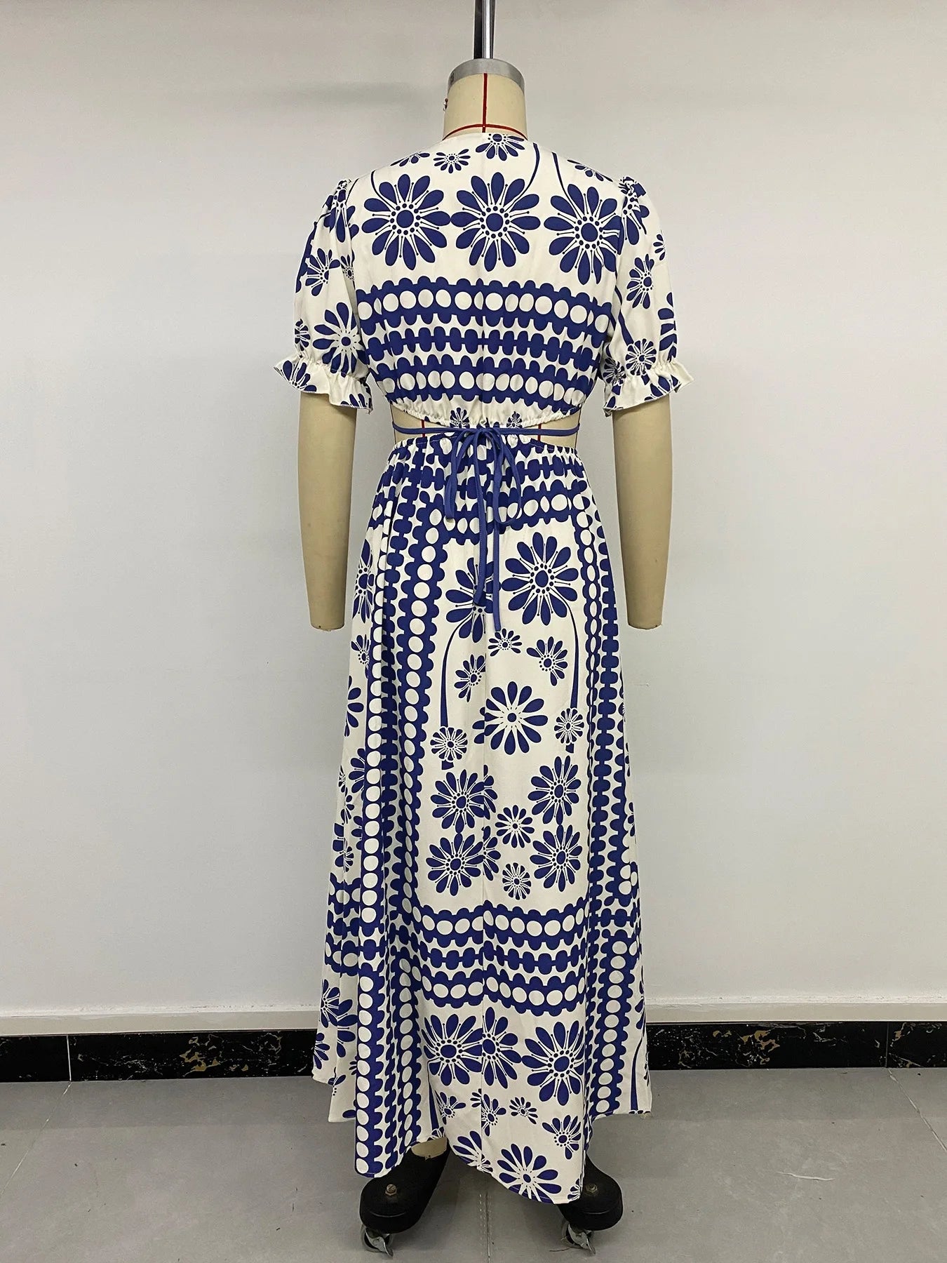 Elegant Retro Print High Waist Hollow Out Midi Dress for Women
