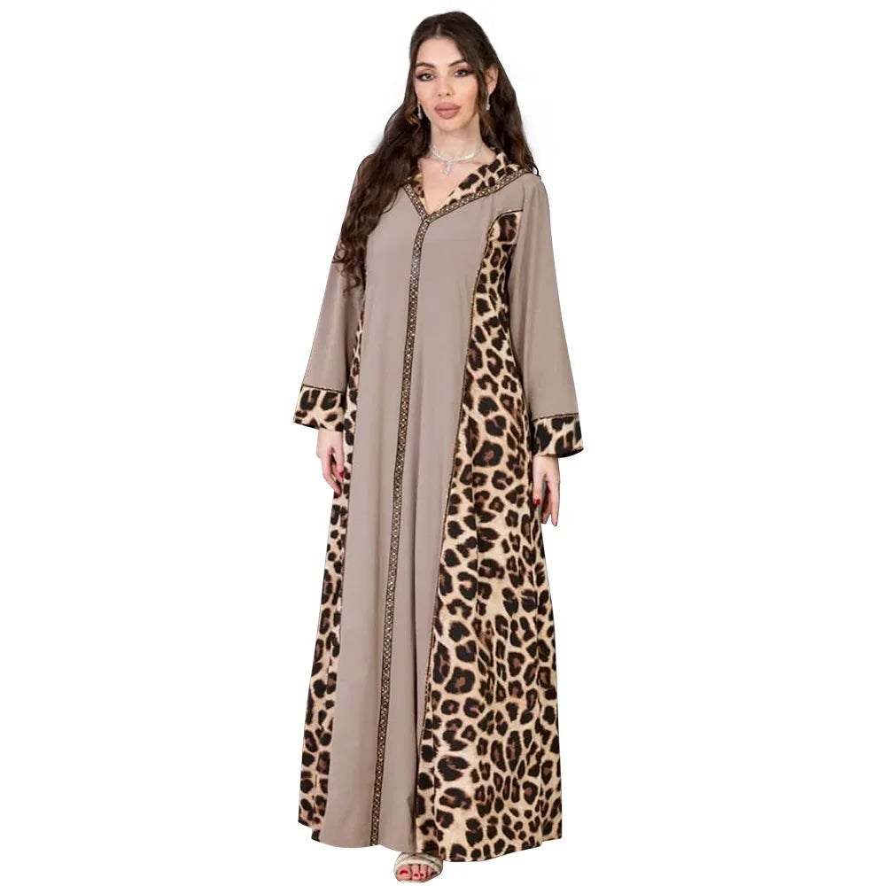 Leopard Print Color Block V Neck Abaya