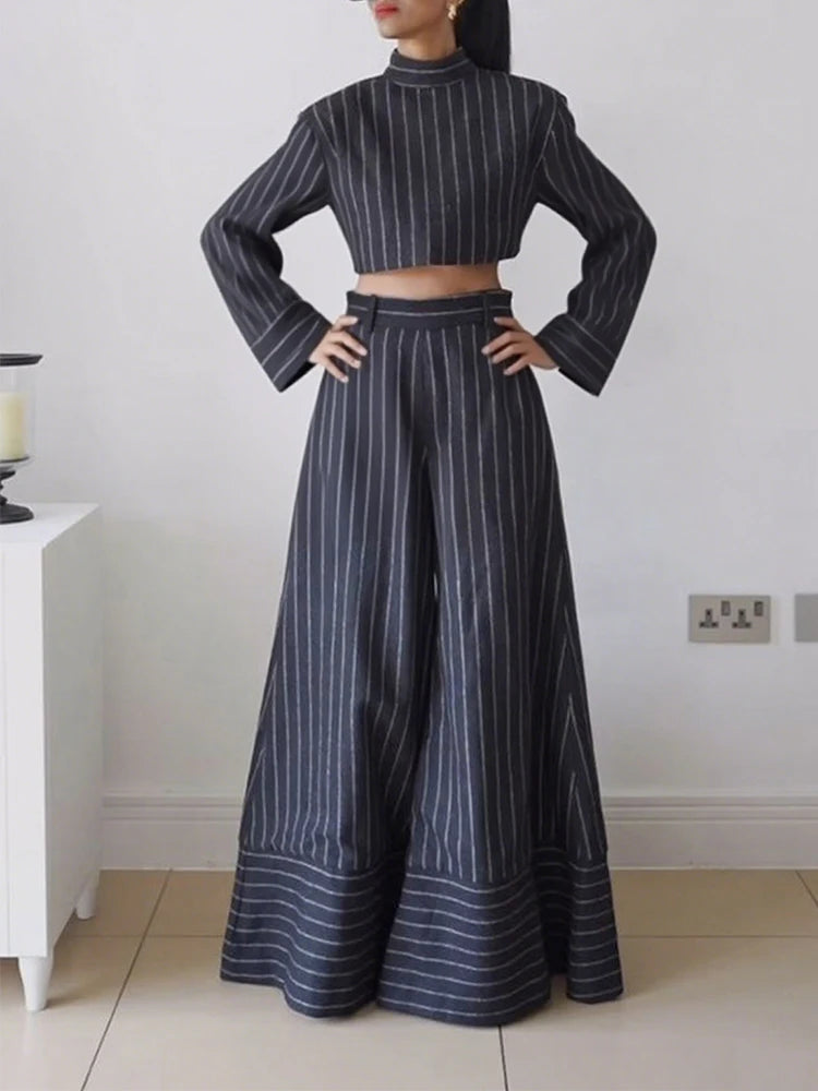 Gymystars Fall Women' Striped Pants Sets Striped Fashion Long Sleeves High Neck Blouses Loose Wide Leg Trousers Female Overalls