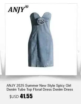 ANJY Summer New Women's Tide High Street Y2K Chic Trendy Sleeveless Halter Neck Backless Waist Cinching Zipper Denim Dress A8053