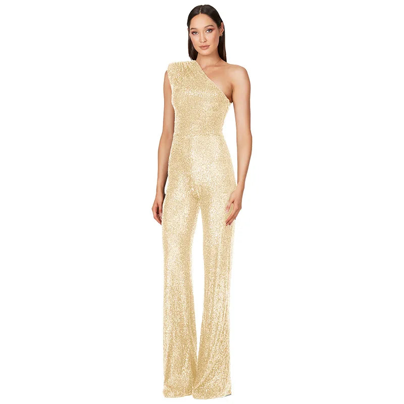 Sequined One Shoulder Wide Leg Jumpsuit