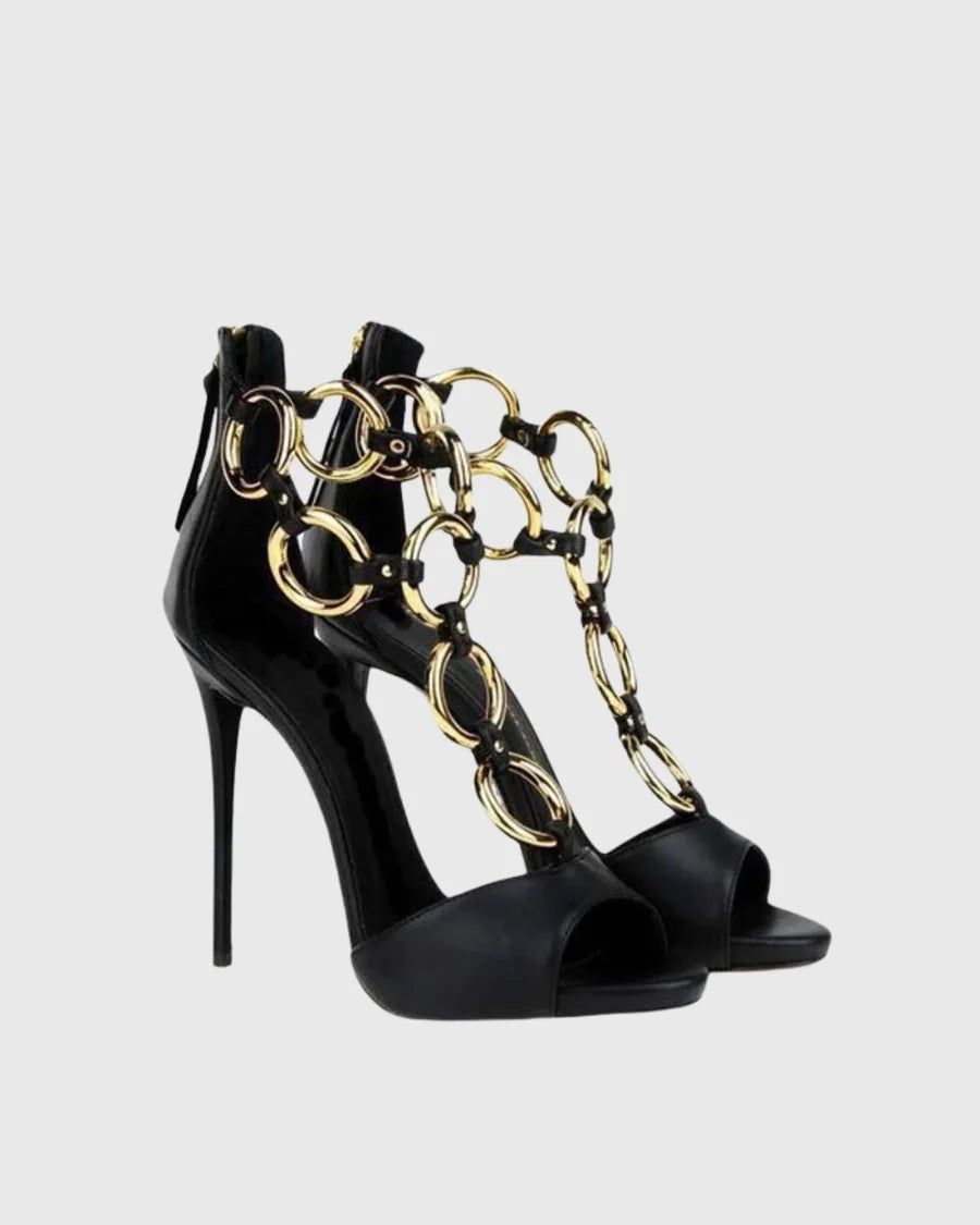 Black Leather Chain Link Peep Toe Stiletto Sandals for Women