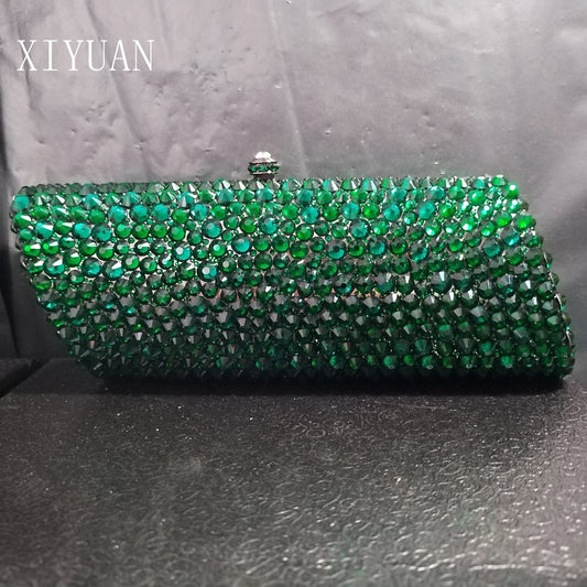 Wome Green Crystal Clutch Purse Bag Dark Gold Full Stones Evening Bags Bridal Wedding Party Rhinestones Handbag Metal Clutches