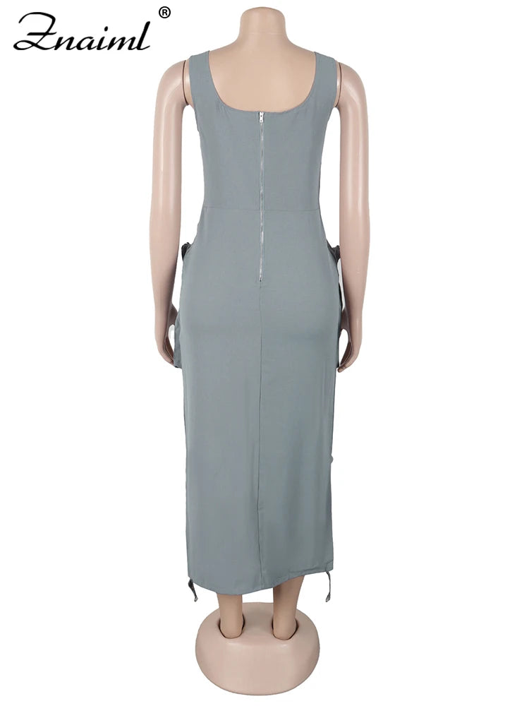 Znaiml Mult Pockets Patchwork Bodycon Mid Dress Woman Sleeveless Backless Zip Gray Cargo Dresses Birthday Club Party Vestidos