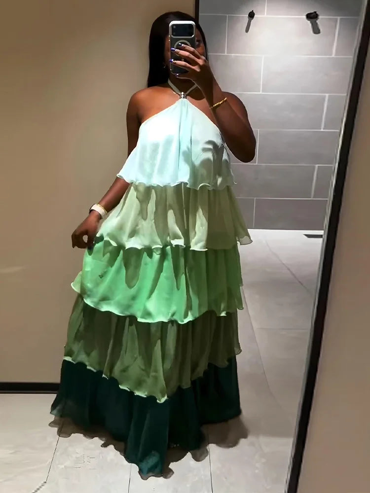 Flowy Gradient Halter Off Shoulder Ruffle Maxi Dress for Women