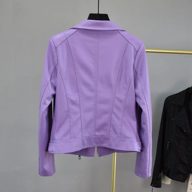 Purple Leather Jacket Women's Short Coat Slim Spring and Autumn Short Clothing