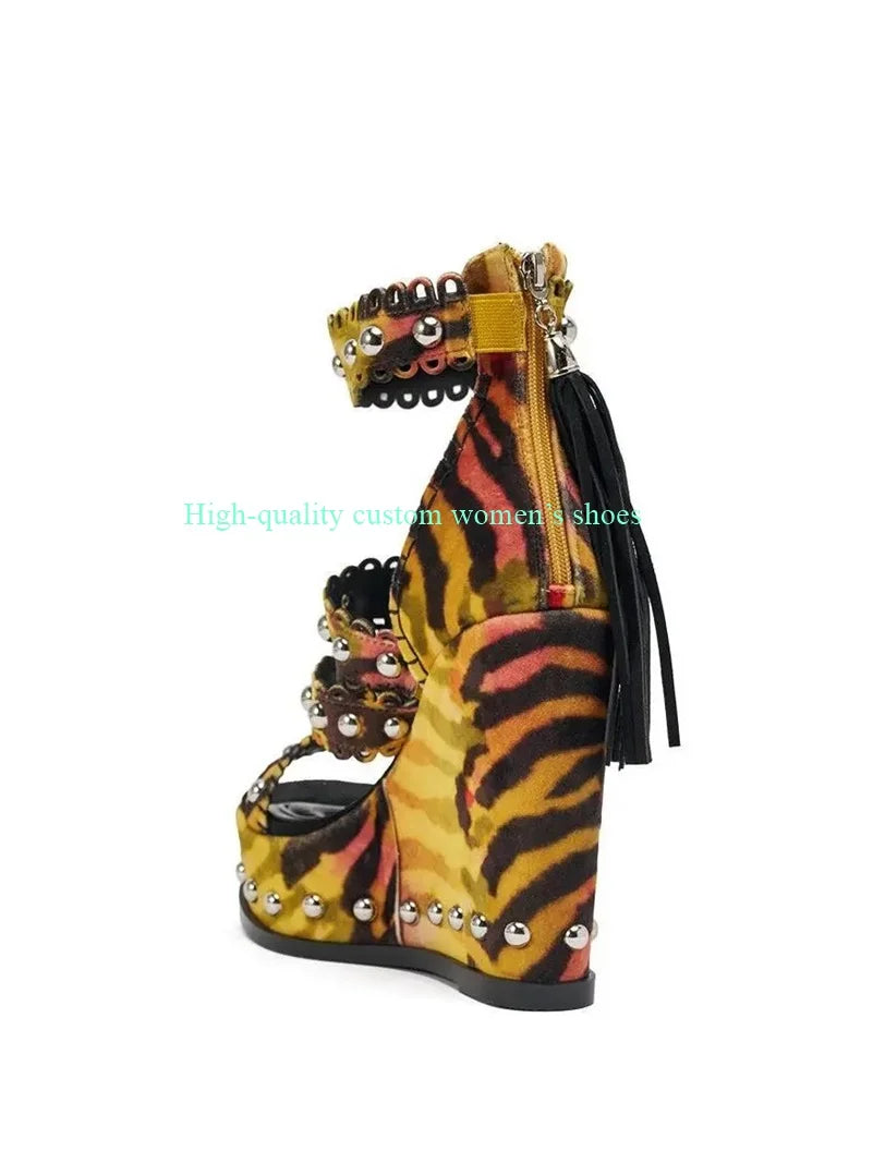 Rivet Detail Leopard Print Platform Sandals For Women
