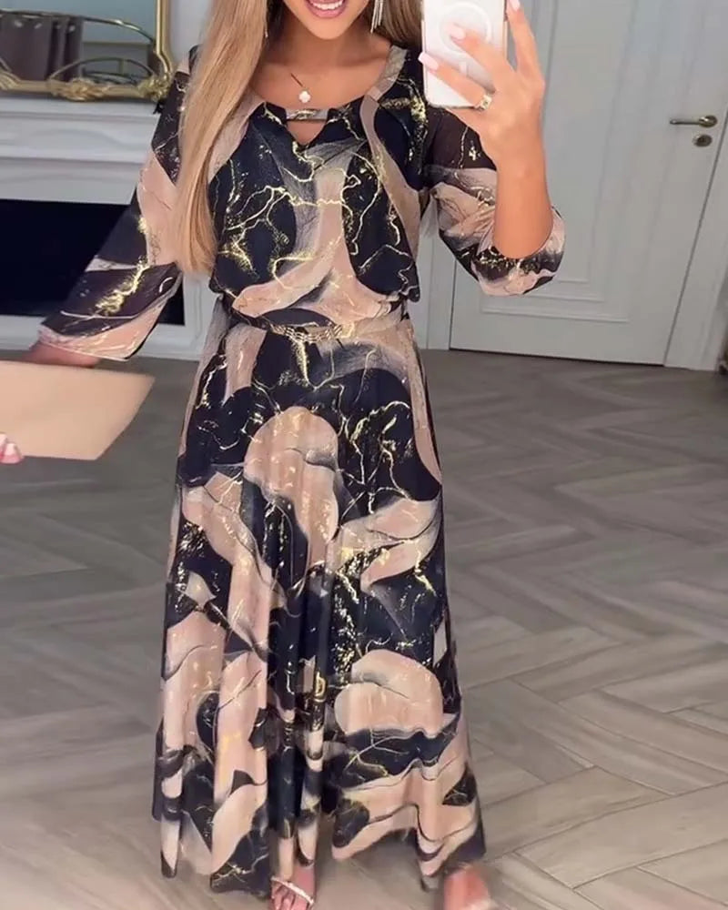 Elegant Cinched Waist Printed Long Dress for Women