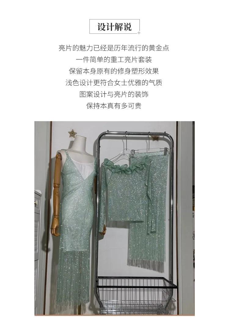Fashion Blue Hollow Diamond Fringed Hip Skirt Set 2025 Spring New Elegant One-off Shoulder Top High Waist Skirt 2-piece Set