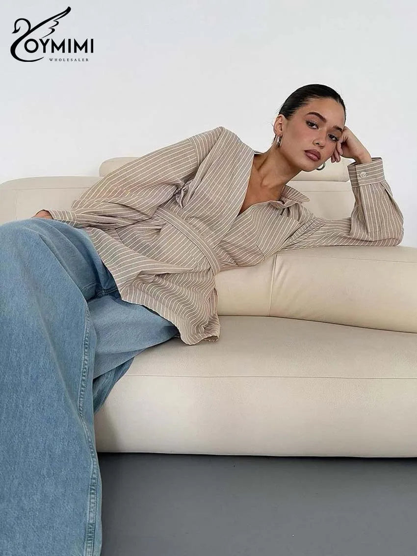 Oymimi Fashion Brown Striped Print Women Top Elegant Long Sleeve Pockets Lace-Up Blouses Spring Casual New Lapel Button Shirts