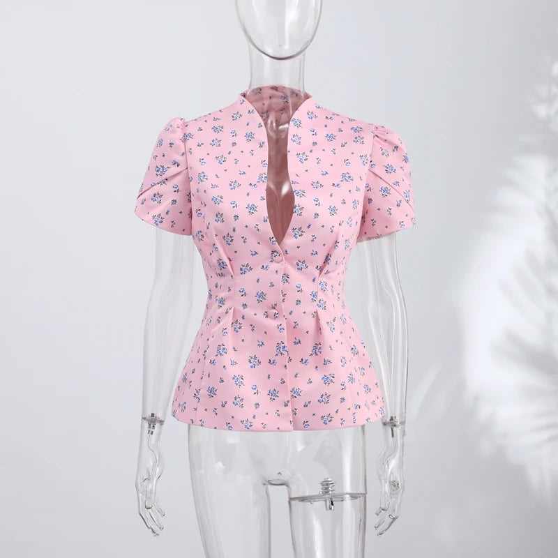 Elegant Printed Puff Sleeve Stand Collar Shirt for Women