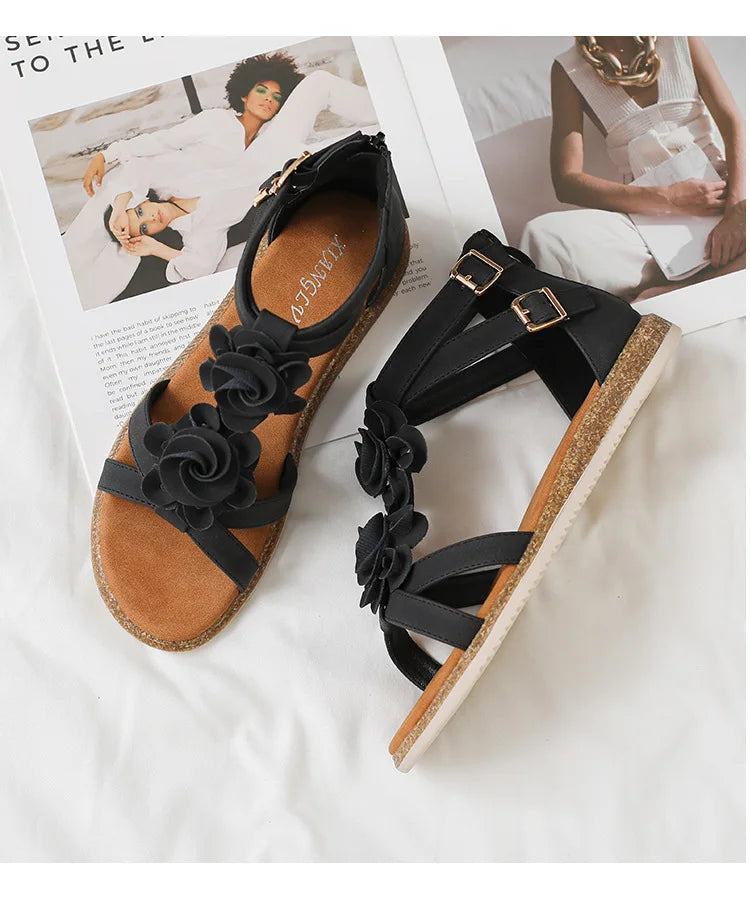 Strappy Bohemian Floral Printed Flat Sandals for Women