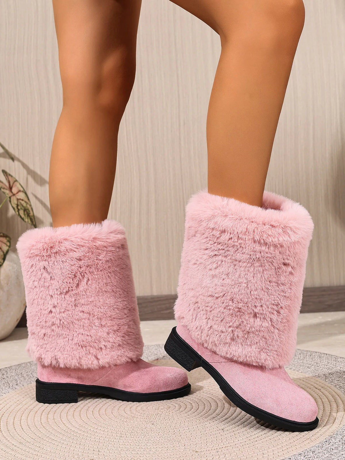 Plush Faux Fur Slip On Mid Calf Winter Snow Boots For Women