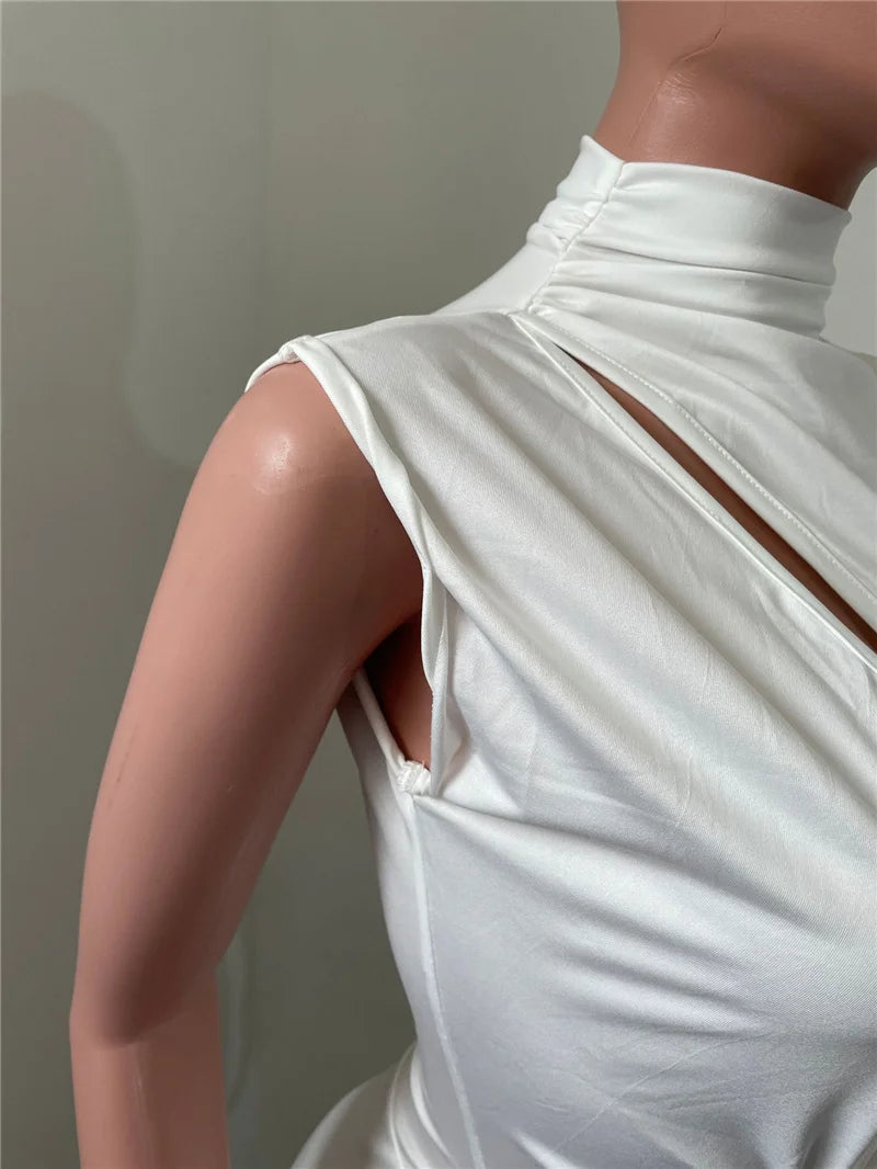 Sexy Mesh Patchwork See Through Skinny Playsuit Women One Shoulder Draped Hollow Out One Piece Rompers Party Club Jumpsuit Short
