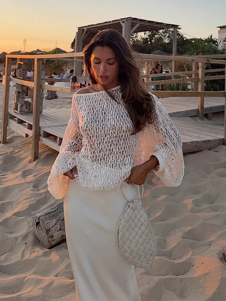 White Hollow Crochet Off Shoulder Long Sleeve Top For Women