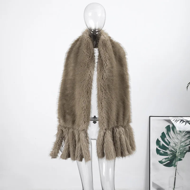 Long Thick Plush Faux Fur Scarf With Fringe for Women