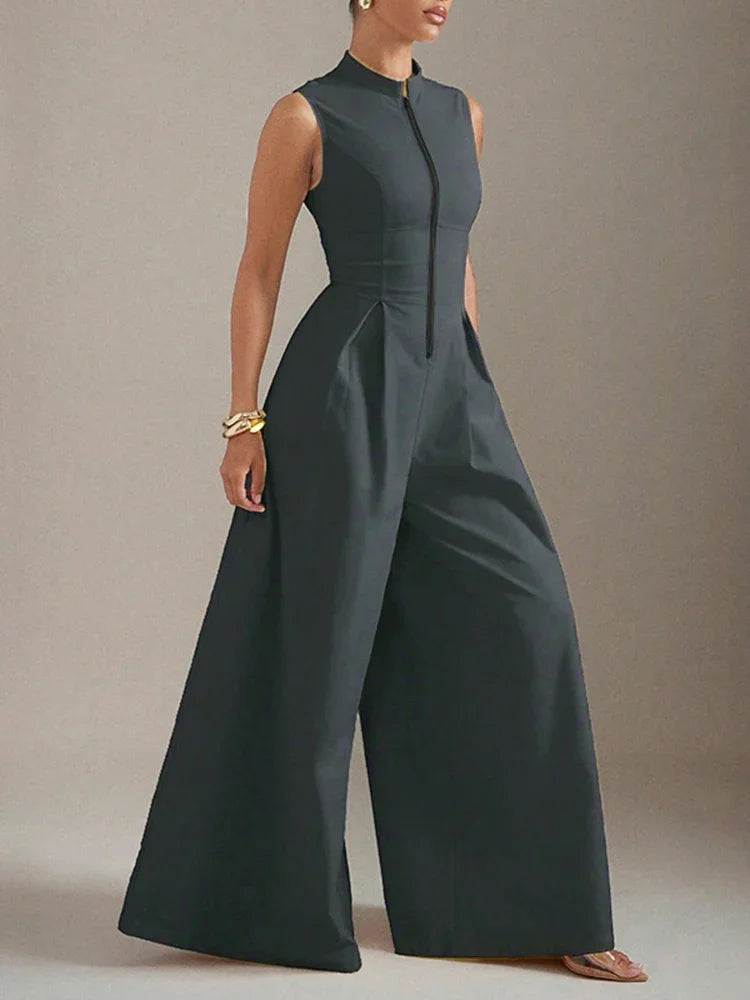 Women's Minimalist Stand Collar Zip Up High Waisted Wide Leg Jumpsuit 2026 New Sleeveless Solid Color Pleated Casual Romper