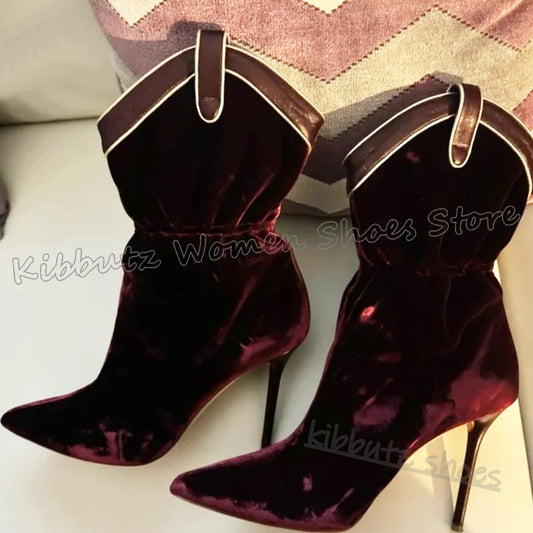 Ankle Modern Boots Velvet Solid Color Pleated Fashion Elegant Comfortable Sexy Luxury Women Shoes New Pointy Thin Heels Slip-On