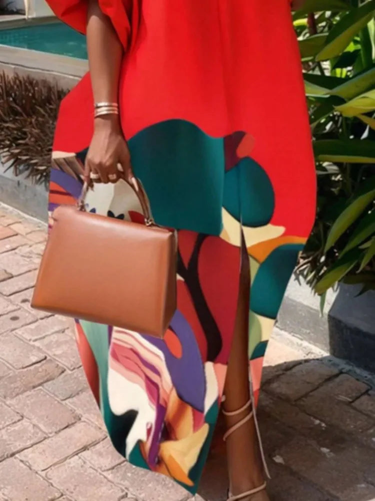 Gymystars Elegant Party Dresses Flower Print Maxi Dress Fashion Loose Puff Sleeves Split-Front Casual Red Evening Dress Ladies