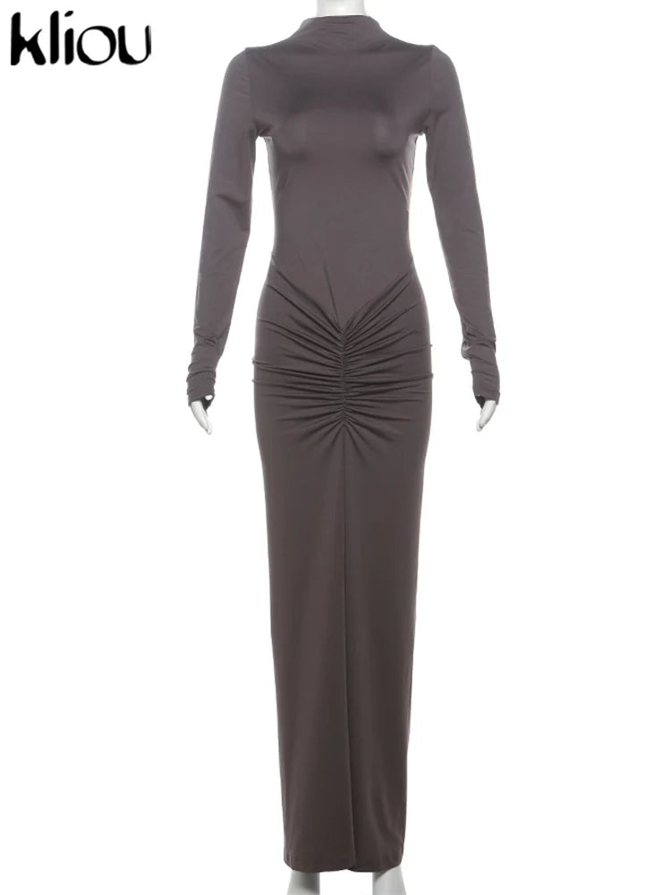 Shirred High Neck Long Sleeve Maxi Dress for Women