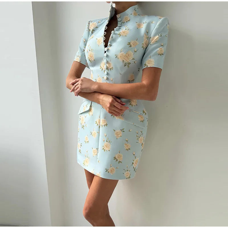 Elegant Printed Short Sleeve Stand Collar Dress for Women