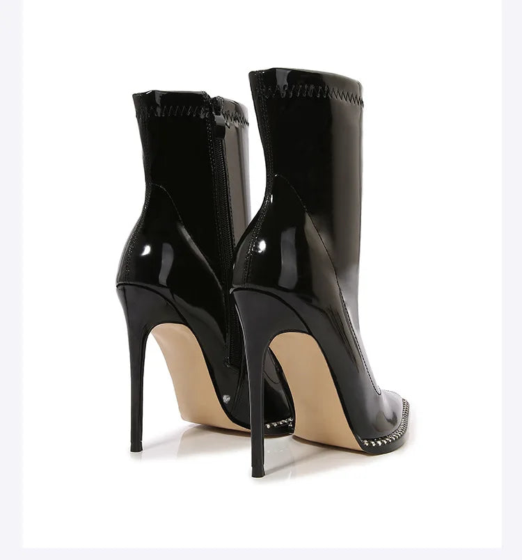 Elegant Rhinestone Bordered Side Zipper High Heel Ankle Boots for Women