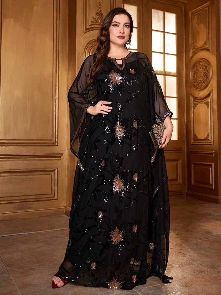TOLEEN 2024 New Luxury Elegant Arabian Party Evening Long Dresses Women Plus Size Sequined Flower Pattern Batwing Sleeve Dress