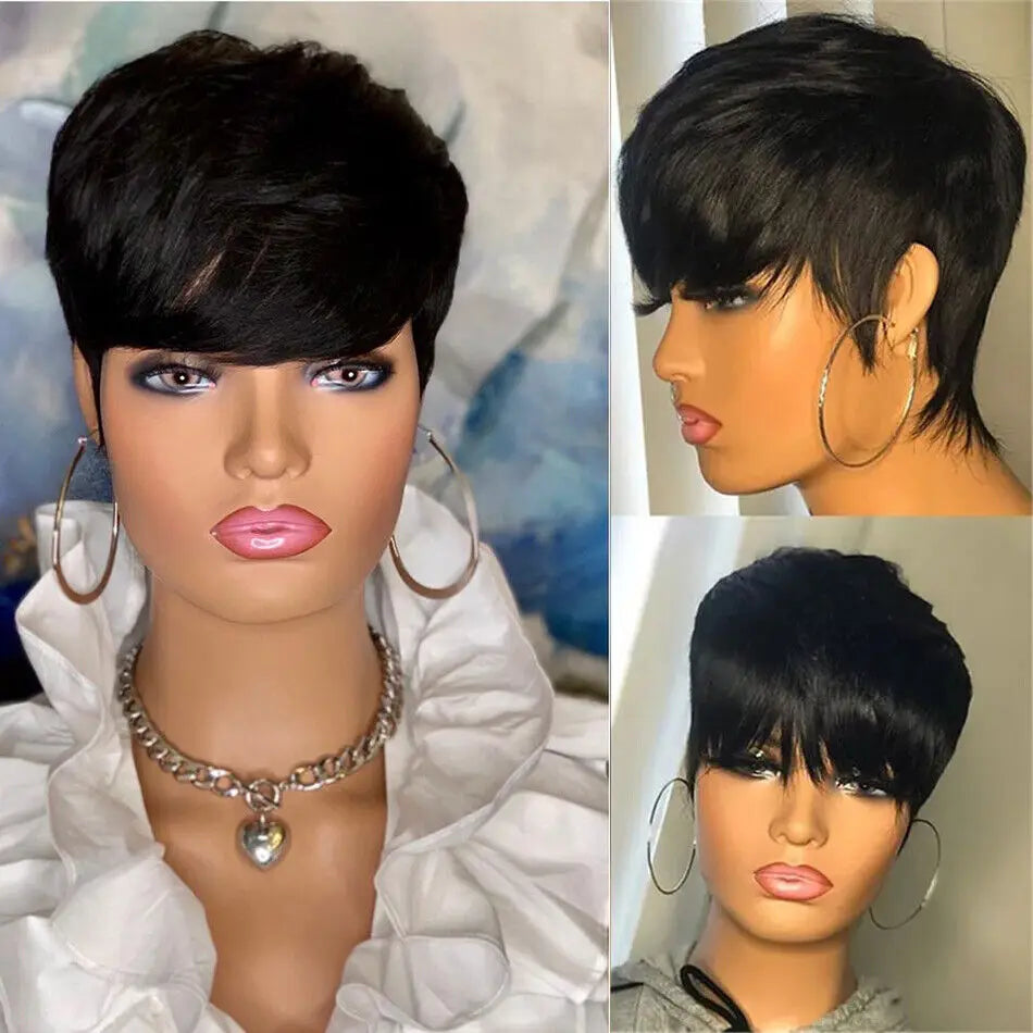 Layered Human Hair Pixie Bob Wig With Bangs for Women