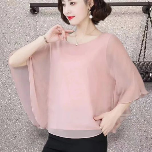 4XL Bat Shirt Summer Women's Loose T-shirt Small Shirt 2025 Spring/Summer Large Wrinkle Resistant And Elegant chiffon Top Green