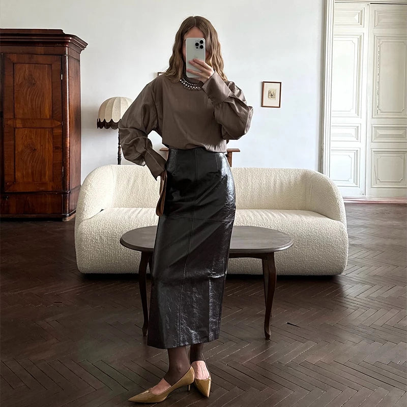 Women Green Stand Collar Leather Jacket Fashion Zipper Long Loose Outerwears Chic 2025 New Autumn Fashion High Street Lady Wear