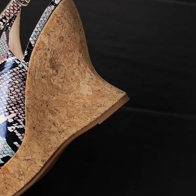 Snakegrain Textured Buckle Platform Wedge Sandals for Women