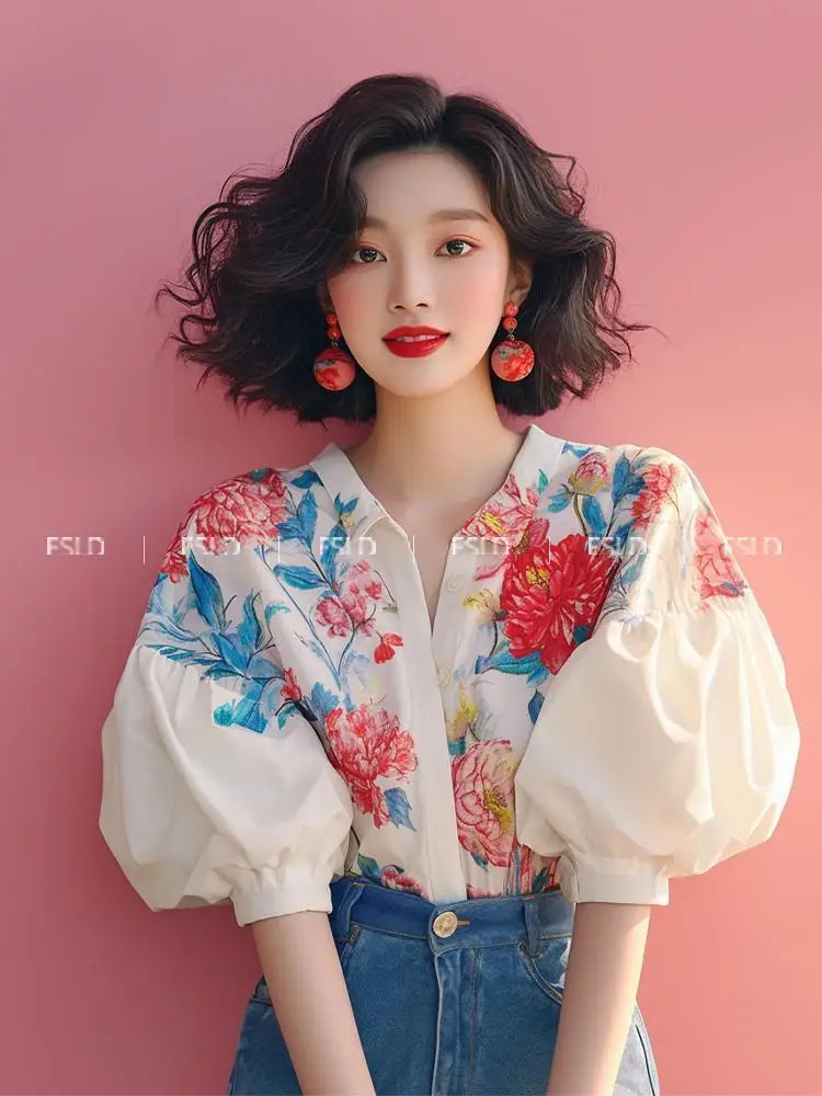 French Style Blouse with Bubble Sleeves and Floral Patterns 2024 New Women's Summer Collection Shirt