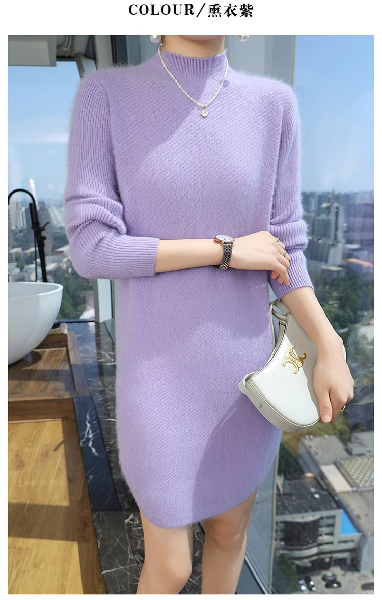 Warm Loose Fit Jacquard Knit High Neck Knee Length Dress for Women