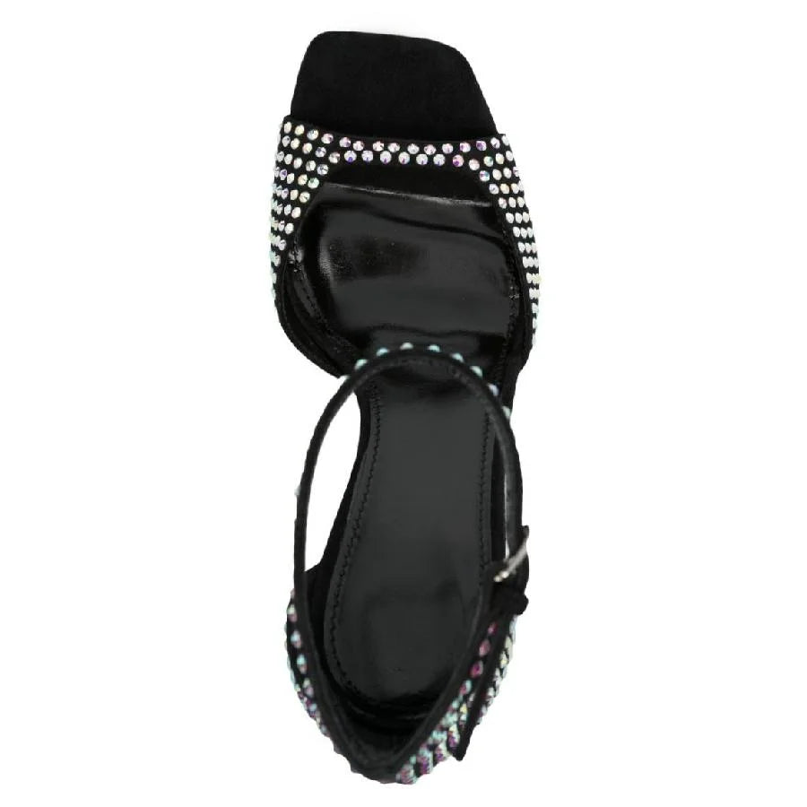 Crystal Embellished Black Suede Ankle Strap Chunky Heel Sandals For Women