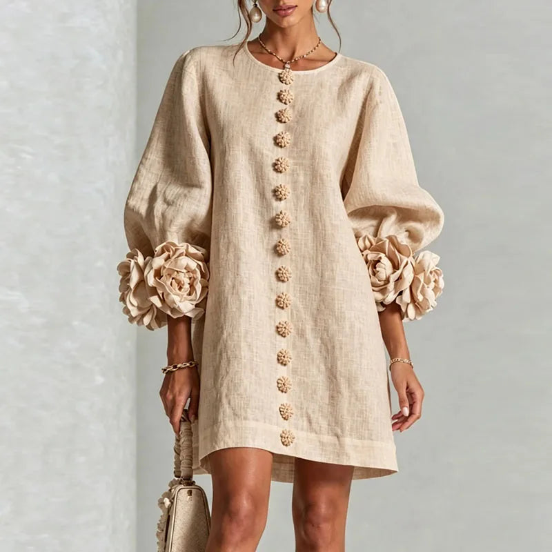 Elegant 3D Flower Bubble Sleeve Mini Dress for Women