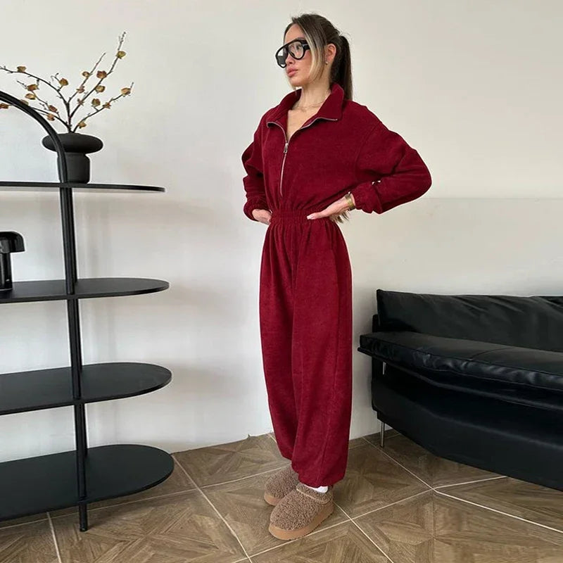 Casual Brown Stand Collar Long Sleeve Jumpsuit for Women