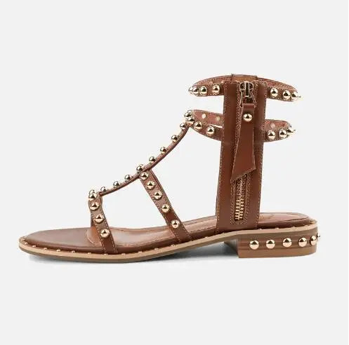 Retro Brown Rivet Studded Open Toe Slingback Sandals for Women